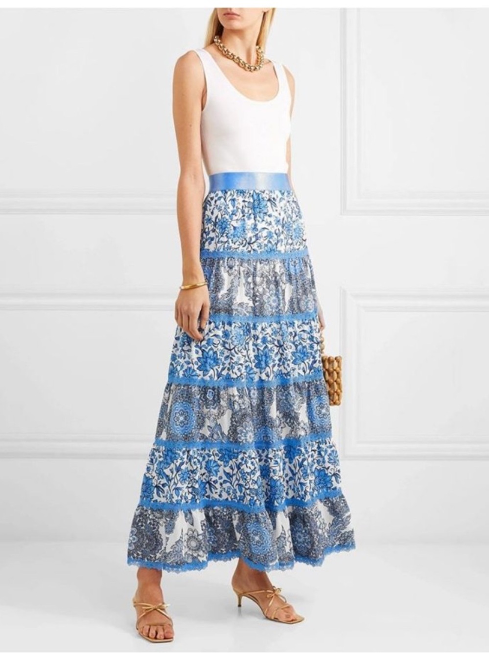 NWT Alice + Olivia Blue Floral Tiered Maxi Skirt